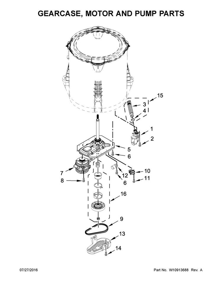 Gearcase, Motor And Pump Parts Diagram and Parts List for 3DWTW4740YQ1  Whirlpool Washer