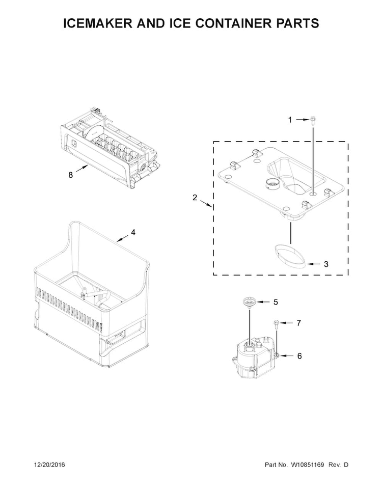 Icemaker And Ice Container Parts Diagram and Parts List for WRF992FIFH00  Whirlpool Refrigerator
