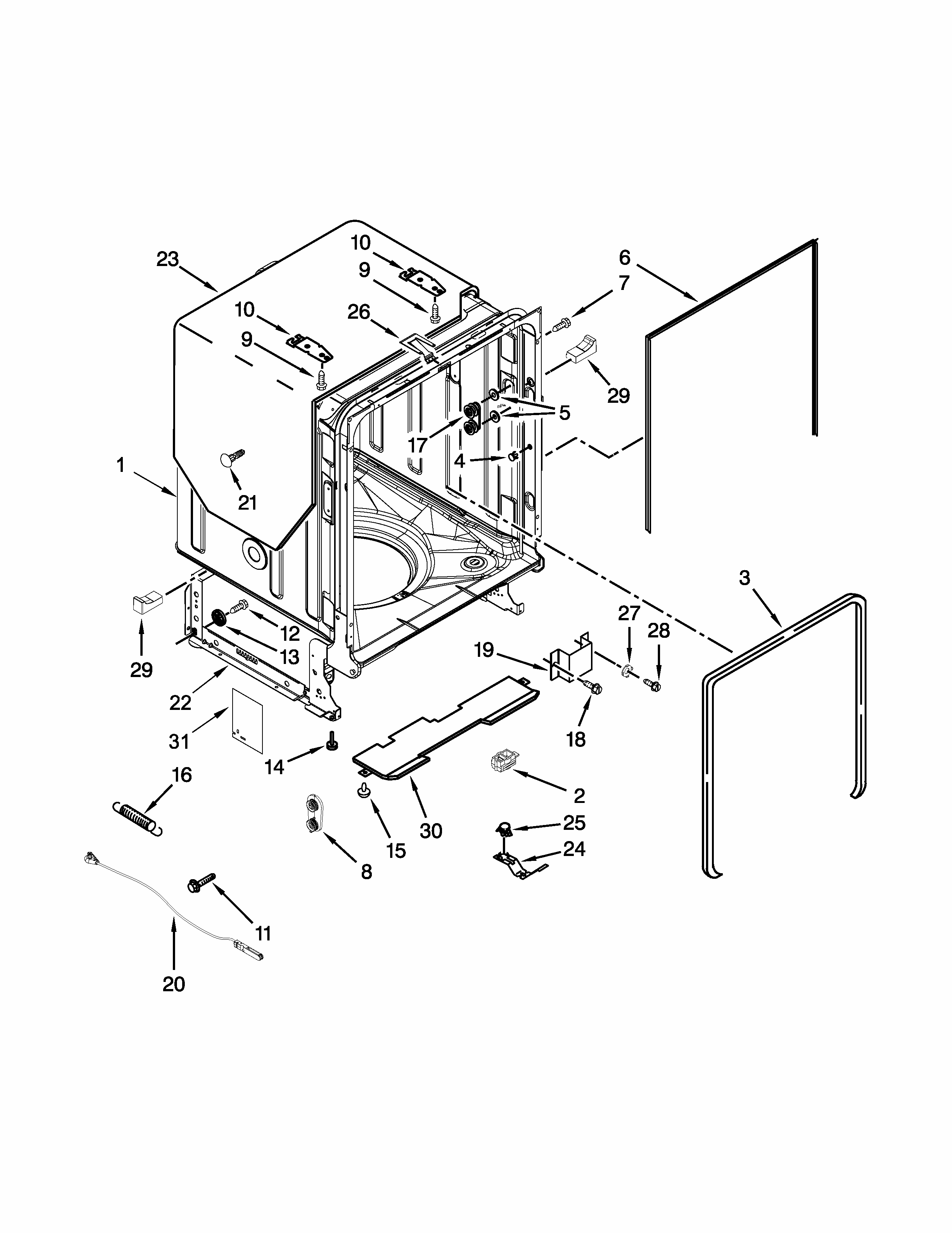 Tub And Frame Parts Diagram and Parts List for IUD7500BS2  Whirlpool Dishwasher