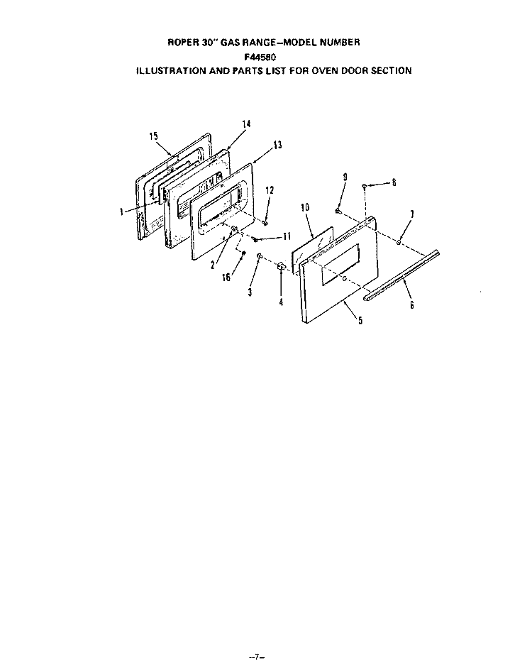 OVEN DOOR Diagram and Parts List for F4458L0  Roper Range