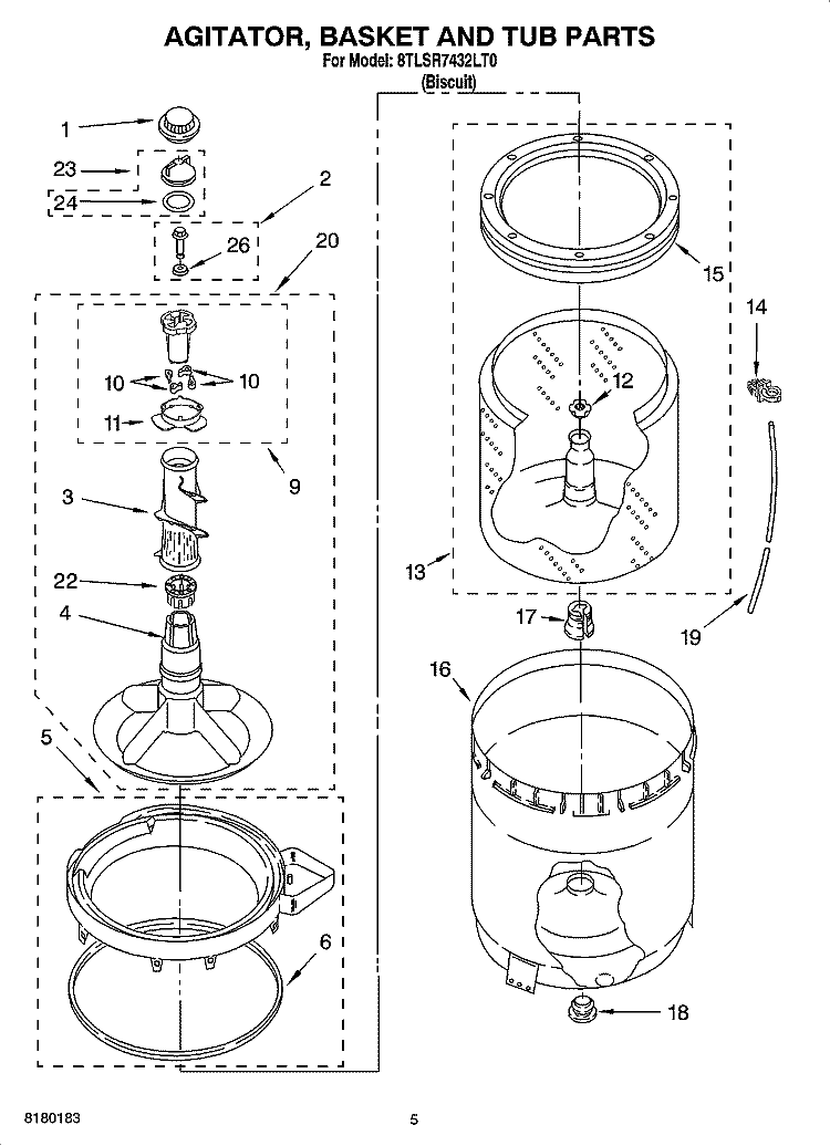 AGITATOR, BASKET AND TUB PARTS Diagram and Parts List for 8TLSR7432LT0  Whirlpool Washer