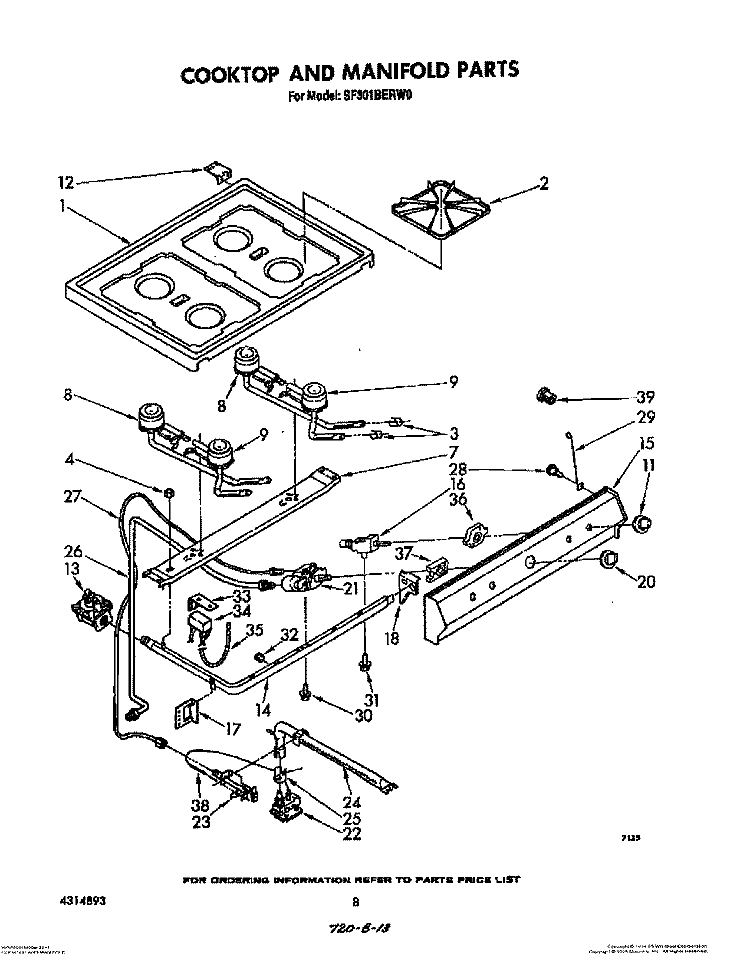 COOKTOP AND MANIFOLD, LIT/OPTIONAL Diagram and Parts List for SF301BERW0  Whirlpool Range