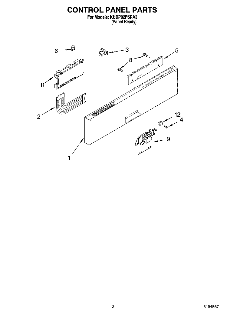 CONTROL PANEL PARTS Diagram and Parts List for KUDP02FSPA3  KitchenAid Dishwasher