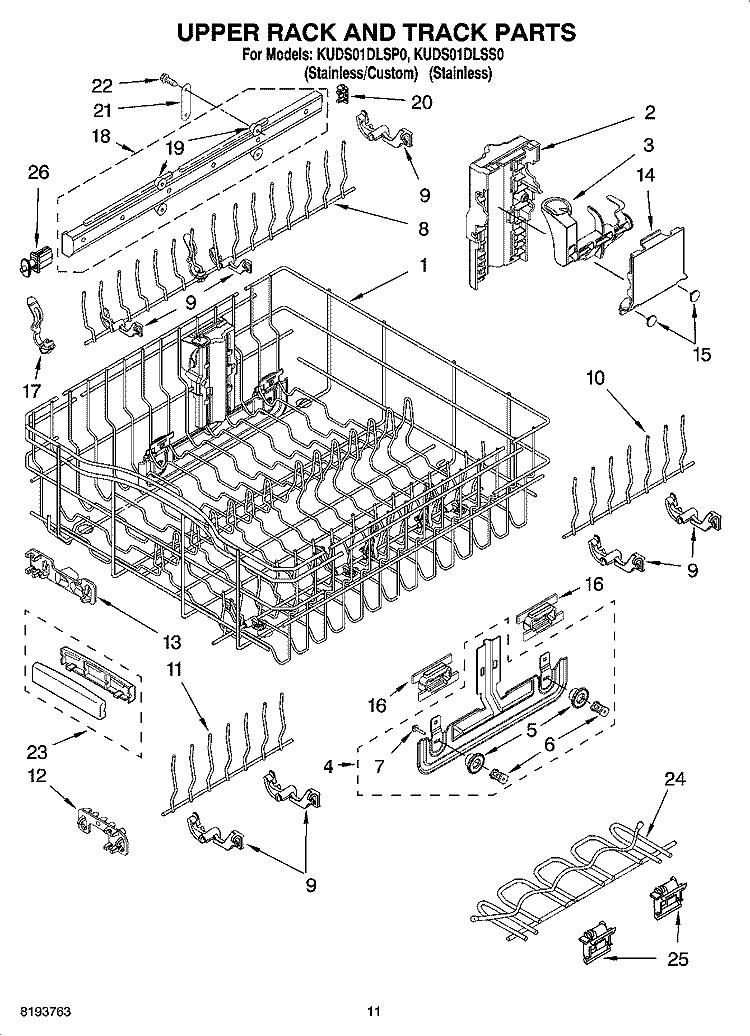 UPPER RACK AND TRACK PARTS Diagram and Parts List for KUDS01DLSS0  KitchenAid Dishwasher