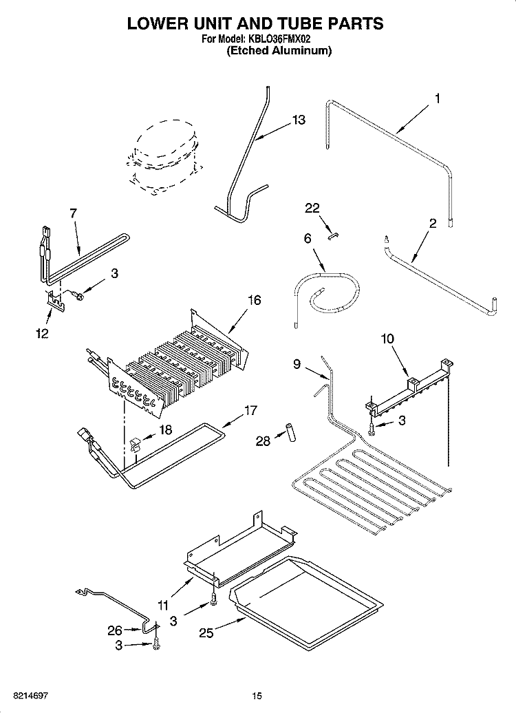 LOWER UNIT AND TUBE PARTS Diagram and Parts List for KBLO36FMX02  KitchenAid Refrigerator