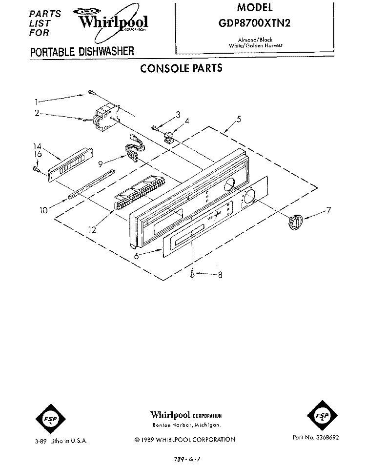 CONSOLE Diagram and Parts List for GDP8700XTN2  Whirlpool Dishwasher