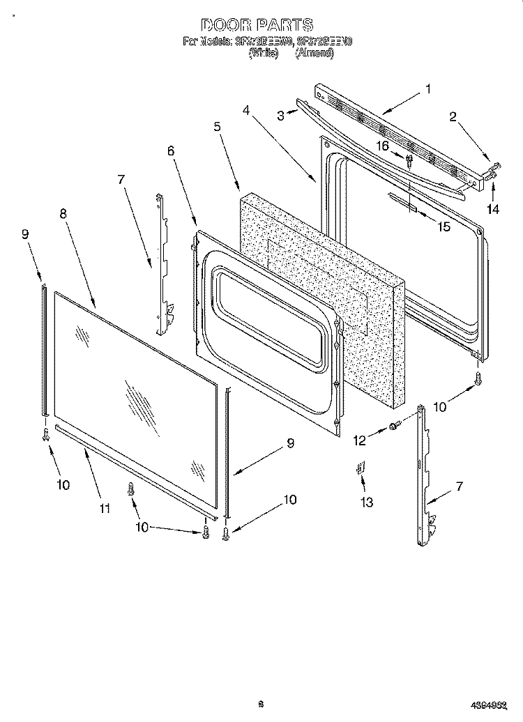 DOOR, LIT/OPTIONAL Diagram and Parts List for SF372BEEN0  Whirlpool Range