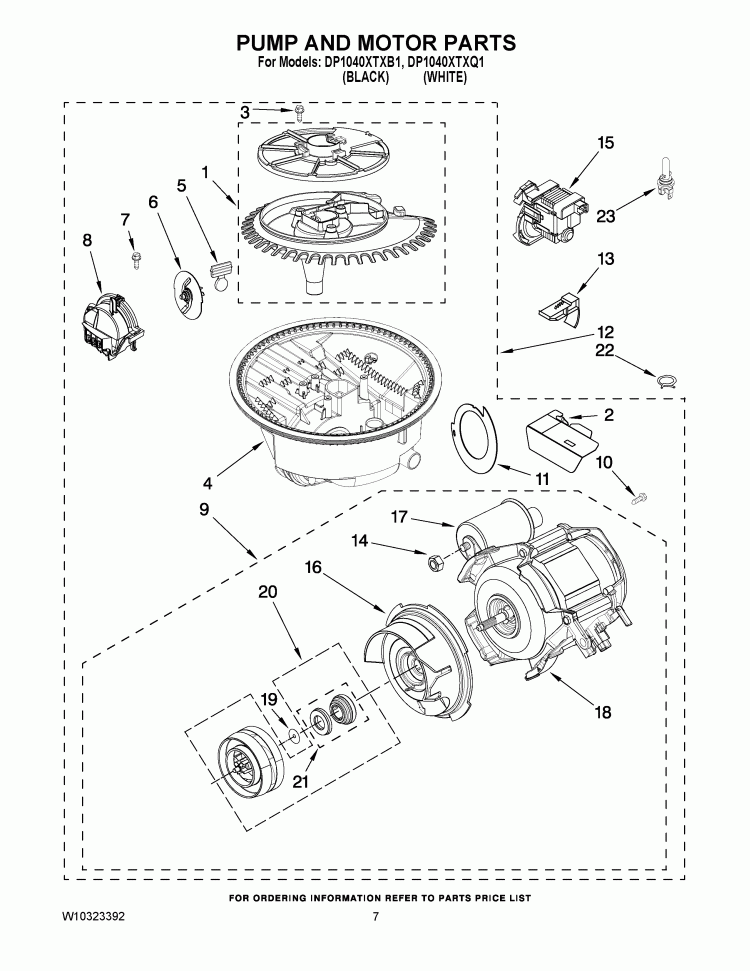 PUMP AND MOTOR PARTS Diagram and Parts List for DP1040XTXB1  Whirlpool Dishwasher