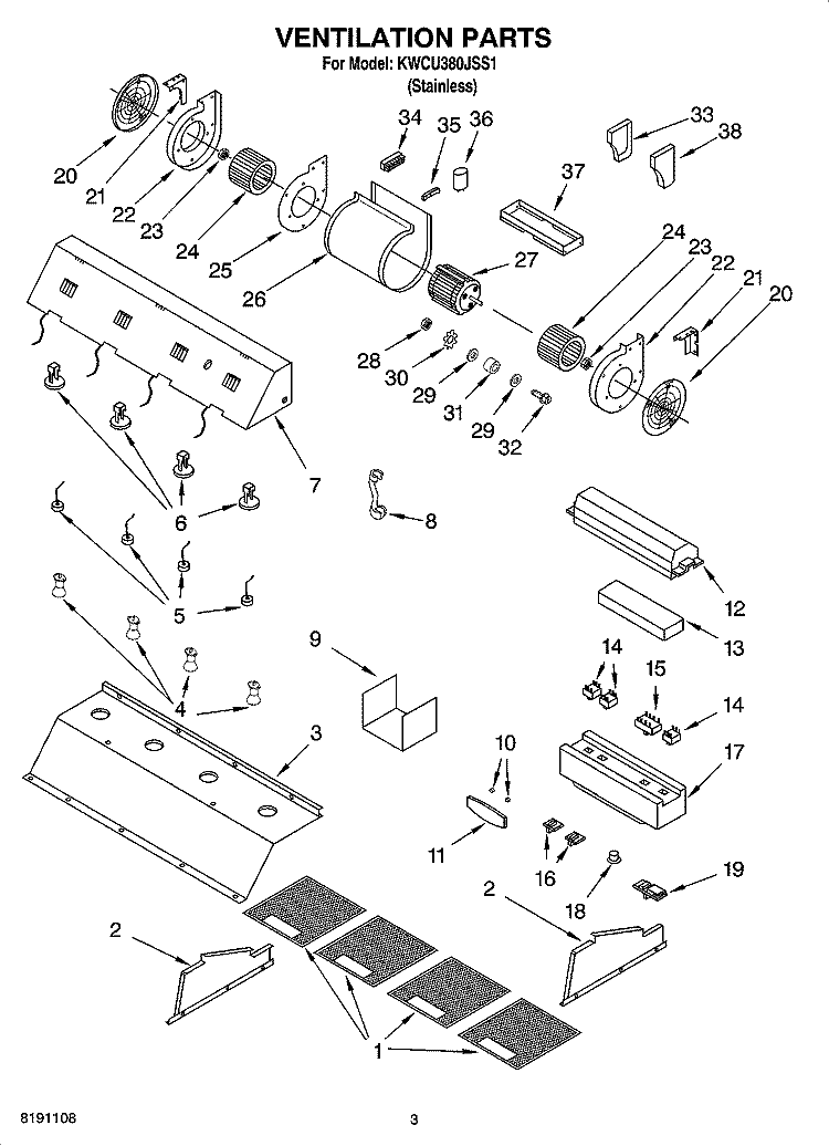 VENTILATION PARTS Diagram and Parts List for KWCU380JSS1  KitchenAid Range Hood