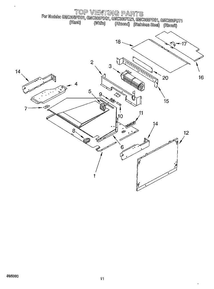TOP VENTING Diagram and Parts List for GMC305PDQ1  Whirlpool Microwave Oven Combo