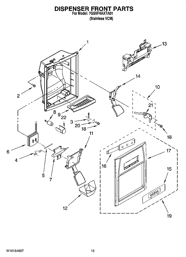 DISPENSER FRONT PARTS Diagram and Parts List for 7GS5FHAXTA01  Whirlpool Refrigerator