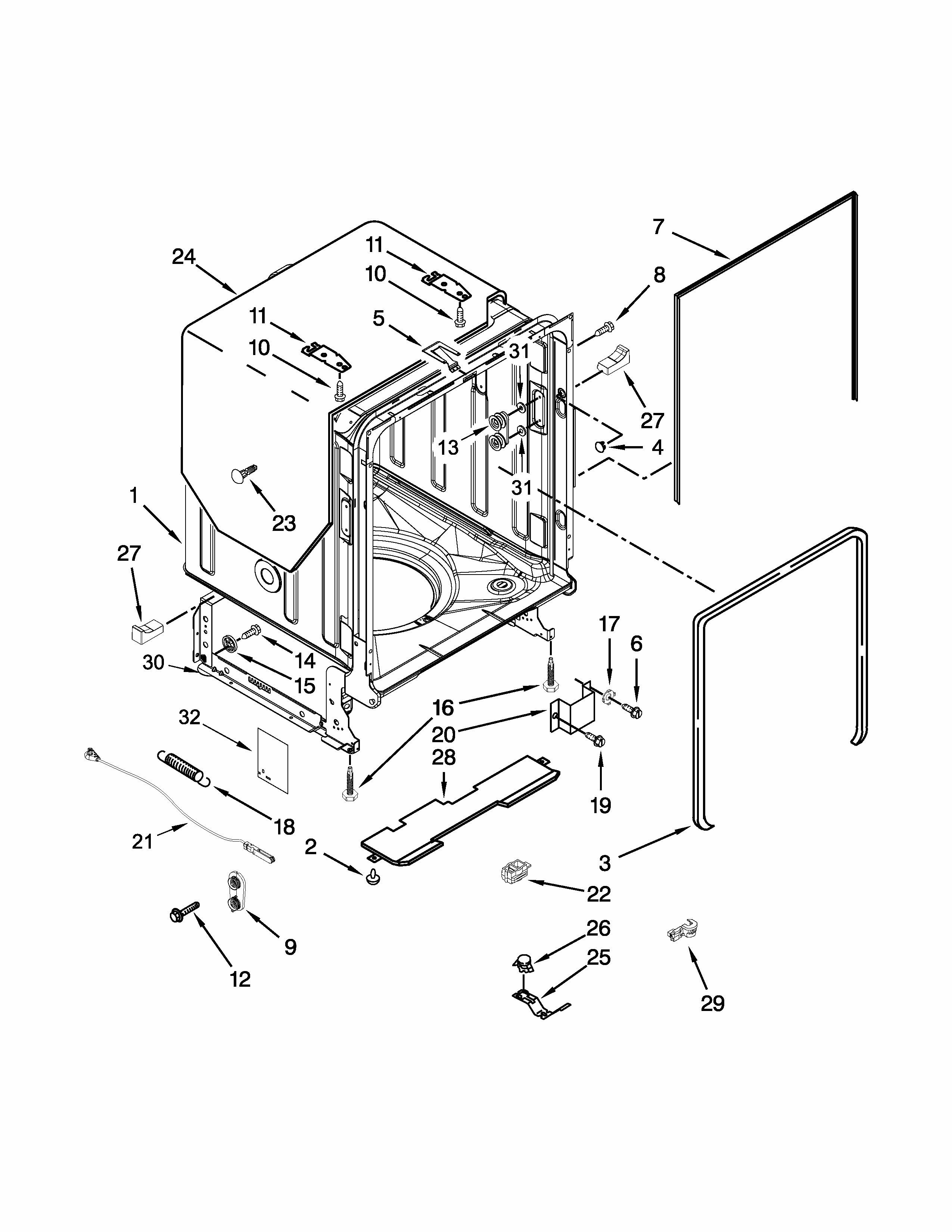 Tub And Frame Parts Diagram and Parts List for IUD8500BX1  Whirlpool Dishwasher