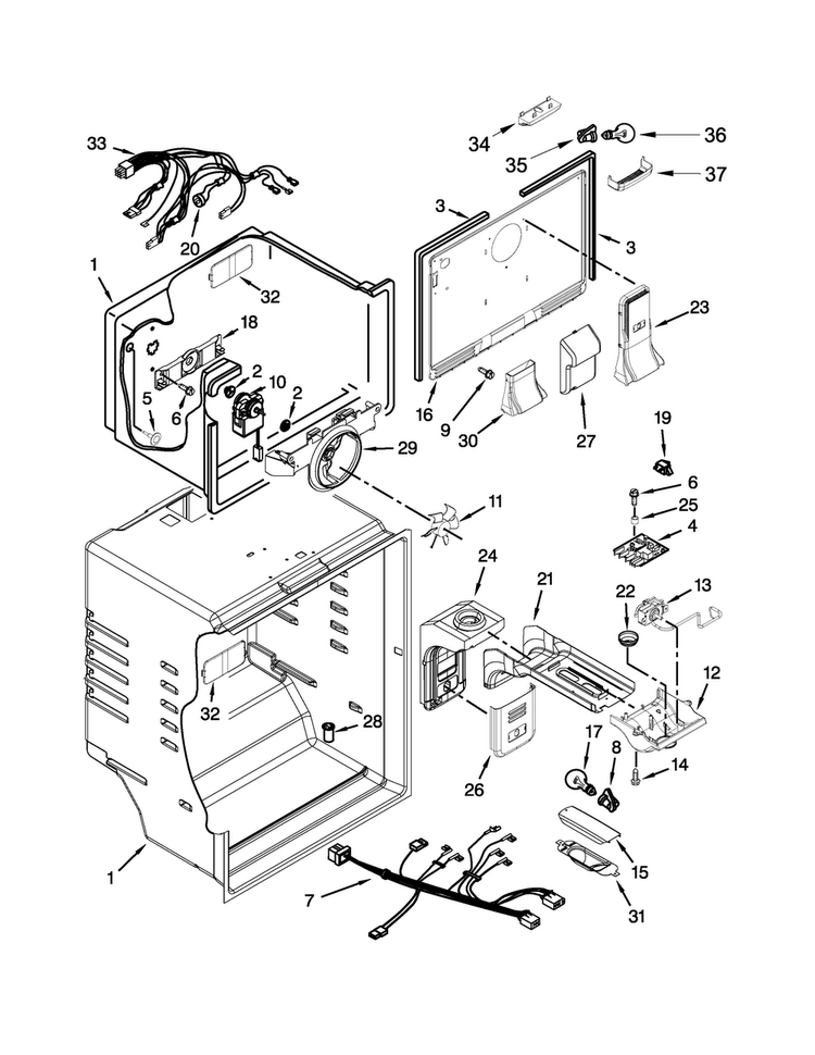 Liner Parts Diagram and Parts List for WRT371SZBW01  Whirlpool Refrigerator