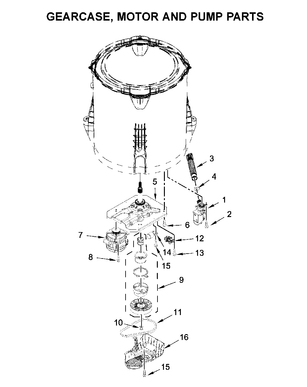 Gearcase, motor and pump parts Diagram and Parts List for WTW4950HW2  Whirlpool Washer