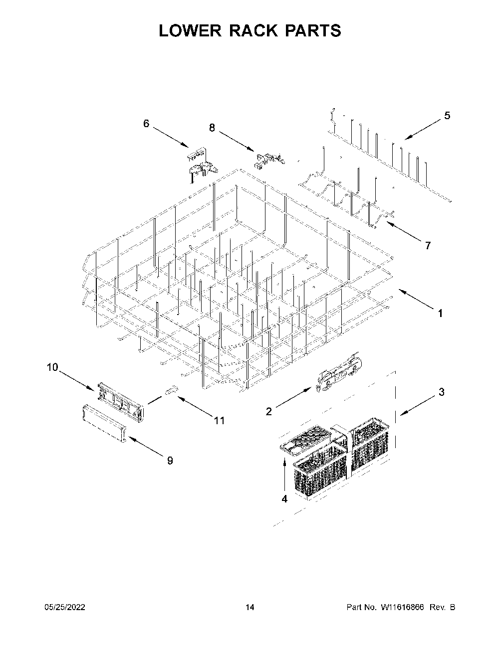 Lower Rack Parts Diagram and Parts List for KDTM604KBS1  KitchenAid Dishwasher