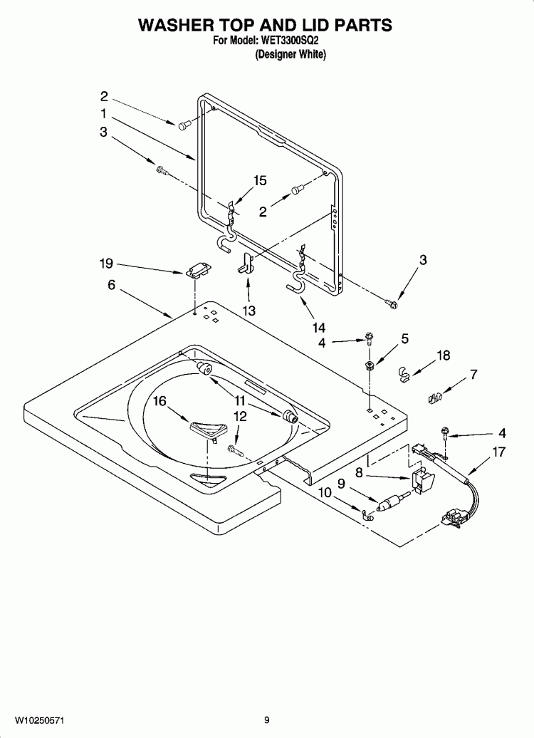 WASHER TOP AND LID PARTS Diagram and Parts List for WET3300SQ2  Whirlpool Washer Dryer Combo