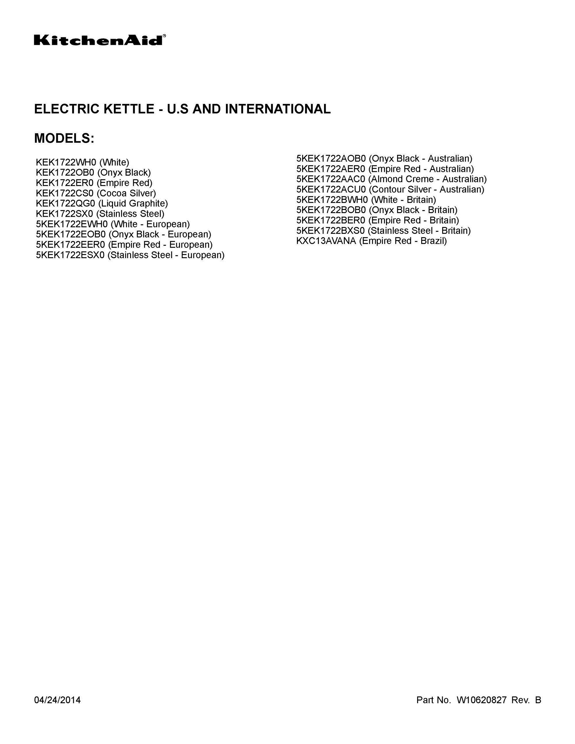 01 - COVER SHEET Diagram and Parts List for 5KEK1722BXS0  Whirlpool Kettle