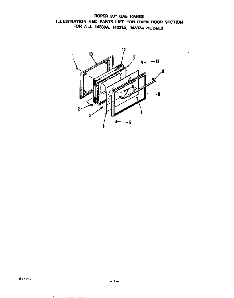 Oven Door Diagram and Parts List for 1433*0A  Roper Range