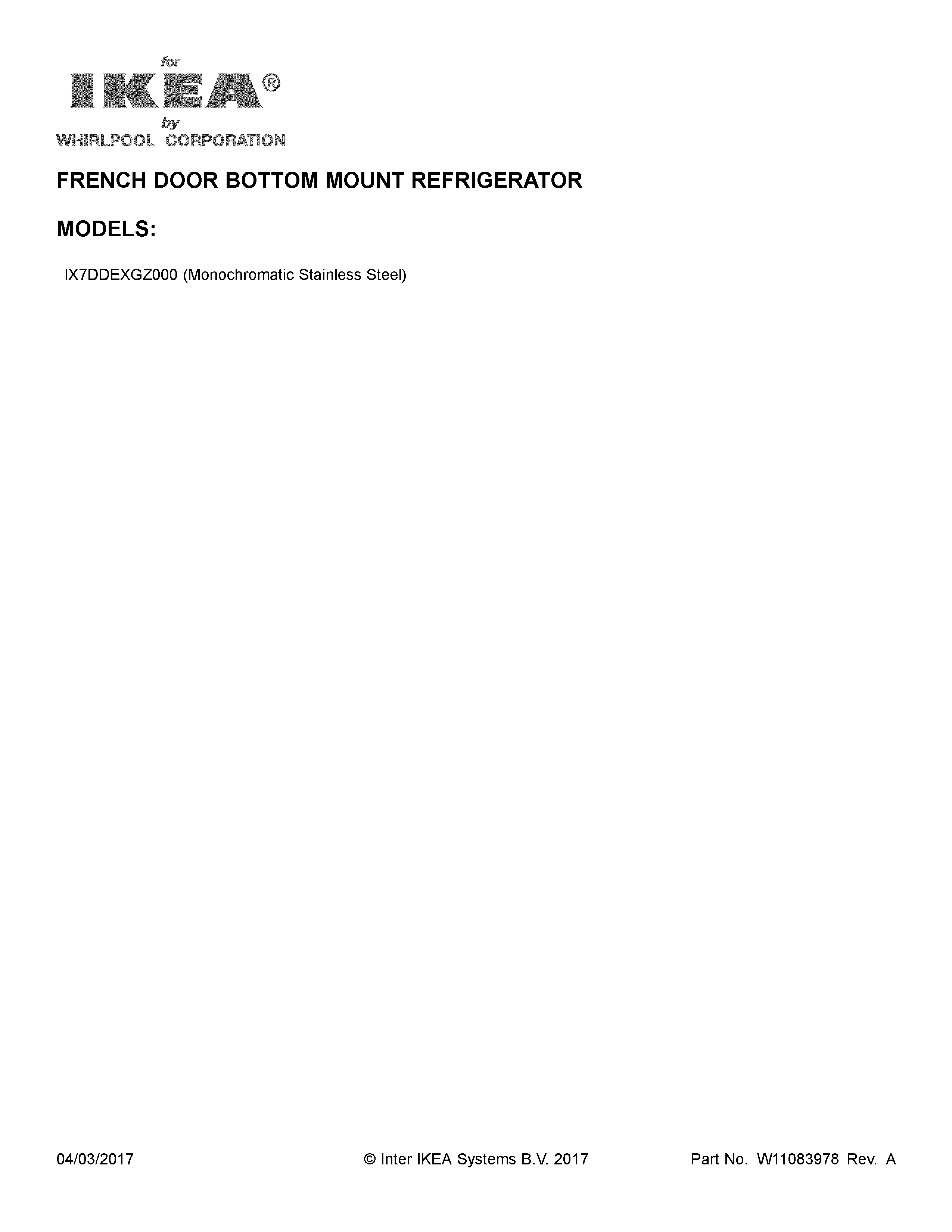Cover Sheet Diagram and Parts List for IX7DDEXGZ000  Whirlpool Refrigerator