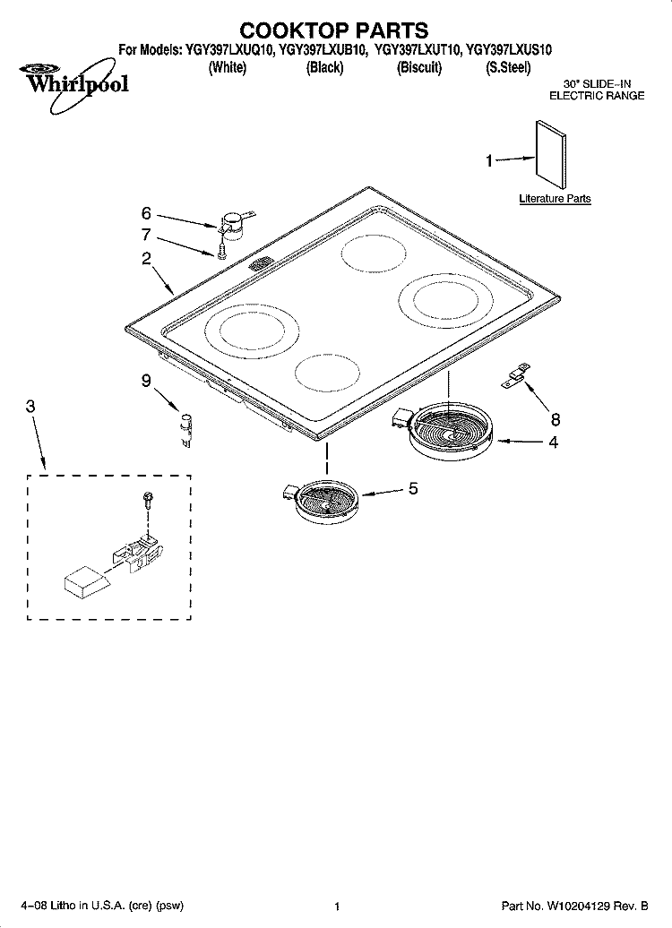 COOKTOP PARTS Diagram and Parts List for YGY397LXUB10  Whirlpool Range