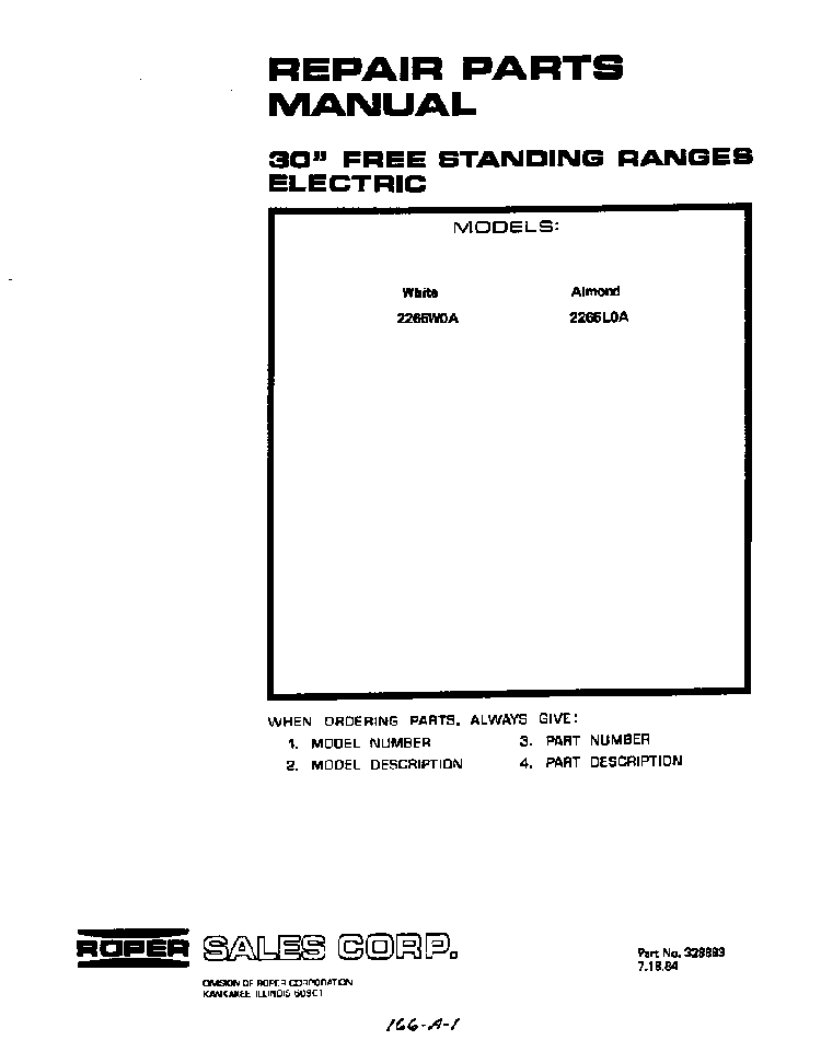 Front Cover Diagram and Parts List for 2265*0A  Roper Range