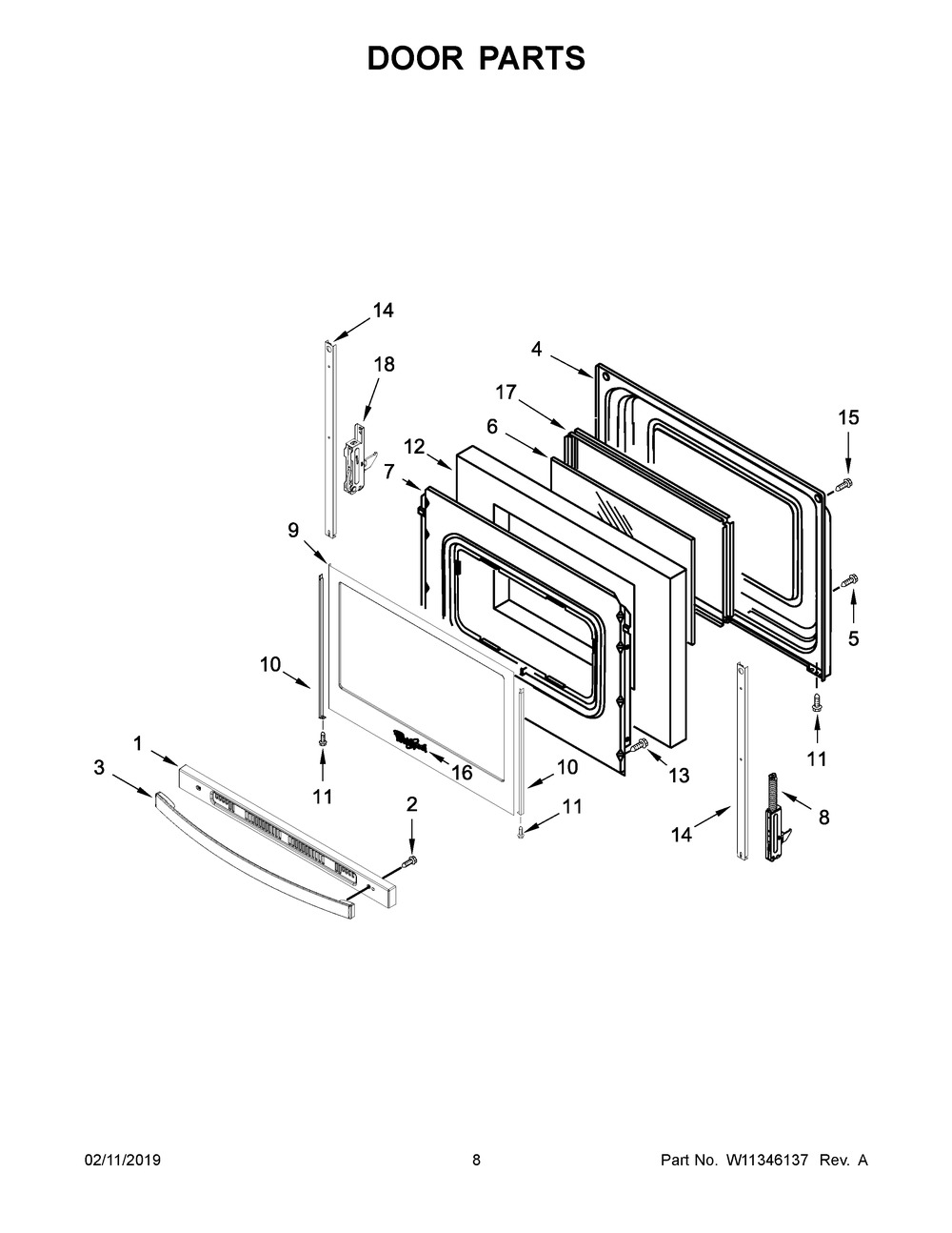 Door Parts Diagram and Parts List for YWFE550S0HV1  Whirlpool Range