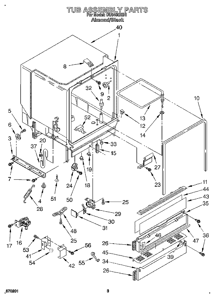 TUB ASSEMBLY Diagram and Parts List for DU9400XB1  Whirlpool Dishwasher