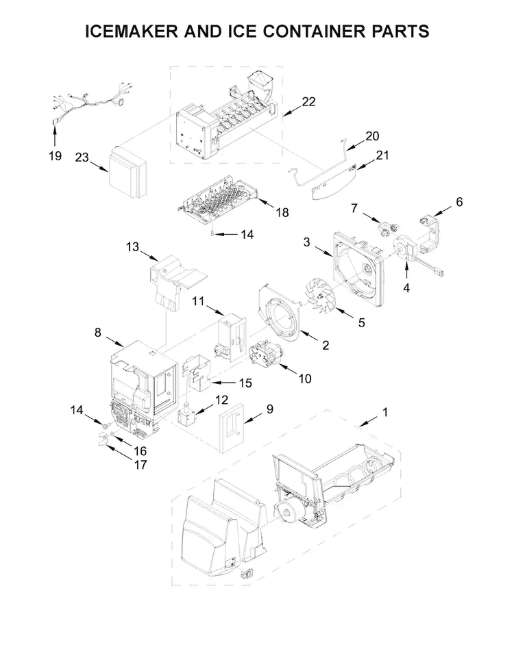 Icemaker And Ice Container Parts Diagram and Parts List for WRX735SDBE02  Whirlpool Refrigerator