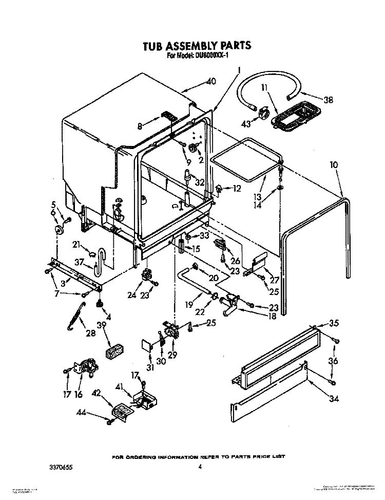 TUB ASSEMBLY, LIT/OPTIONAL Diagram and Parts List for DU8000XX1  Whirlpool Dishwasher