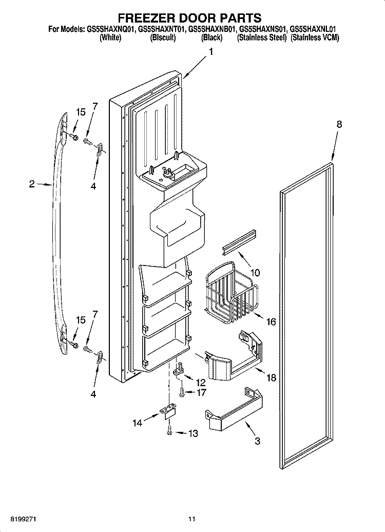 FREEZER DOOR PARTS Diagram and Parts List for GS5SHAXNL01  Whirlpool Refrigerator