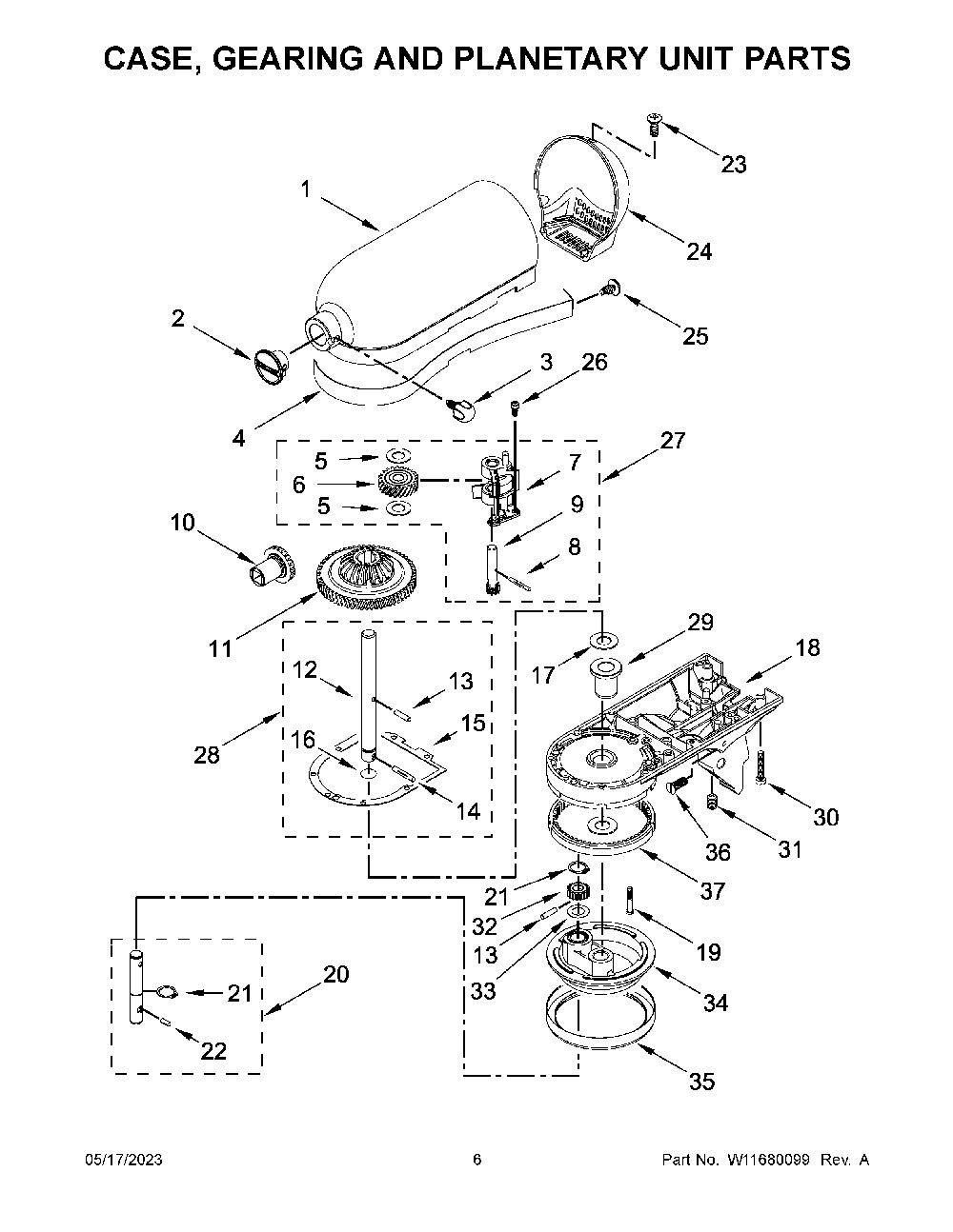 Case, Gearing And Planetary Unit Parts Diagram and Parts List for KSM150FECU5  KitchenAid Mixer