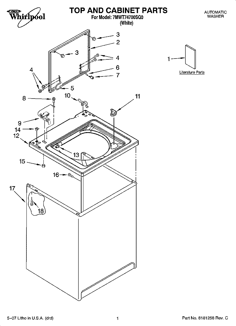 TOP AND CABINET PARTS Diagram and Parts List for 7MWT74700SQ0  Whirlpool Washer