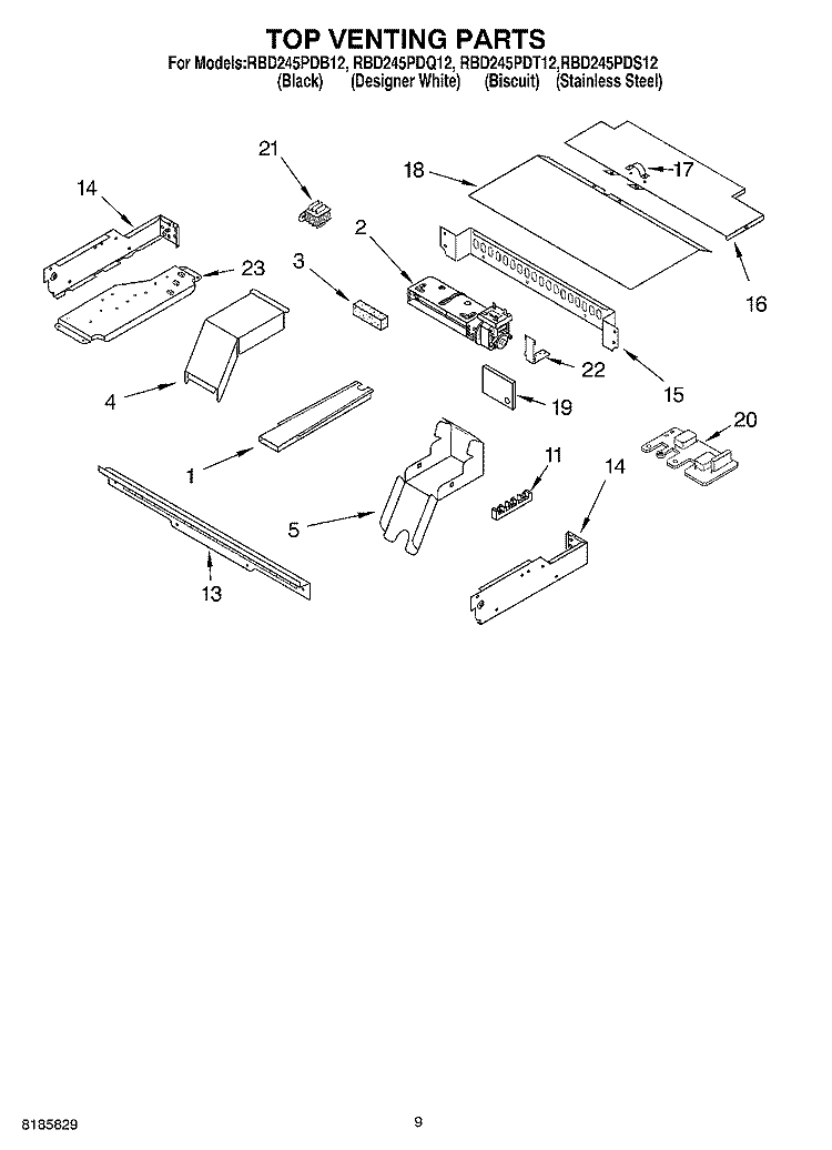 TOP VENTING Diagram and Parts List for RBD245PDS12  Whirlpool Wall Oven