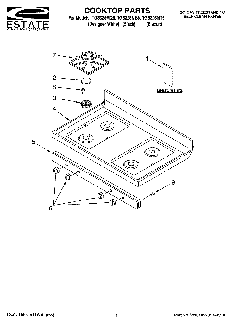 COOKTOP PARTS Diagram and Parts List for TGS325MT6  Estate Range