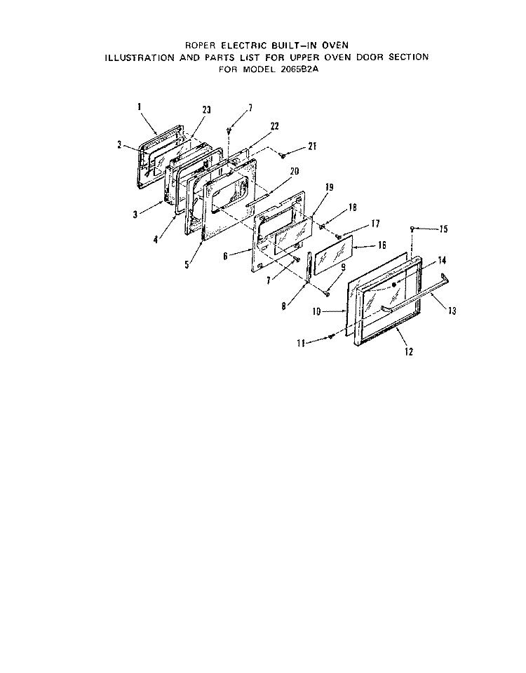 UPPER OVEN DOOR Diagram and Parts List for 2065B2A  Roper Range
