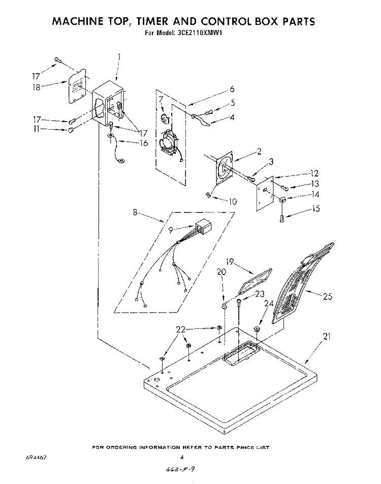MACHINE TOP, TIMER AND CONTROL BOX Diagram and Parts List for 3CE2110XMW1  Whirlpool Dryer