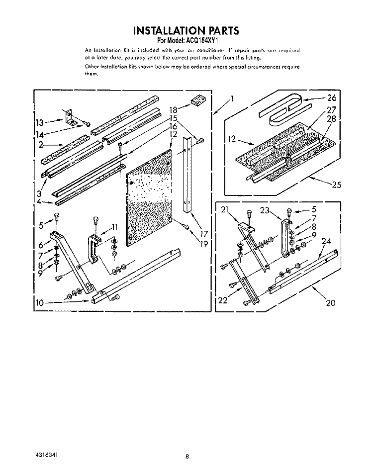 INSTALLATION PARTS Diagram and Parts List for ACQ154XY1  Whirlpool Air Conditioner