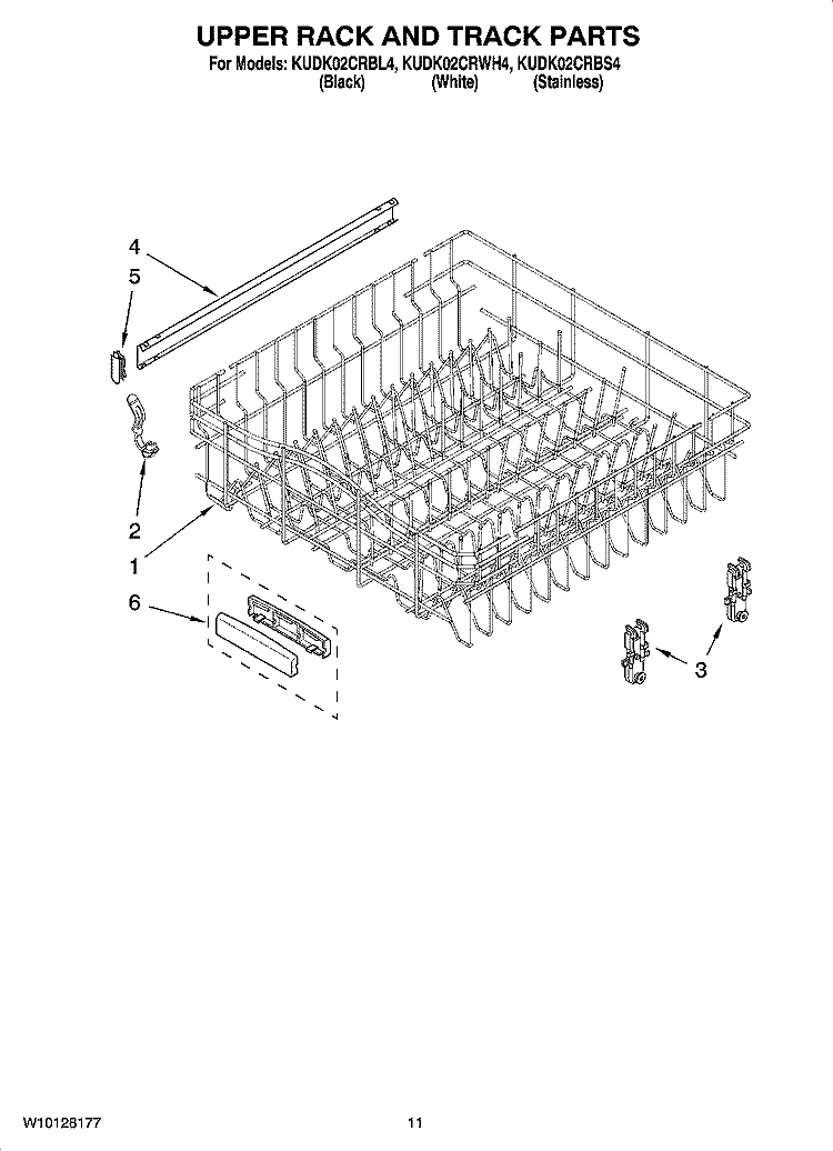 UPPER RACK AND TRACK PARTS Diagram and Parts List for KUDK02CRBL4  KitchenAid Dishwasher