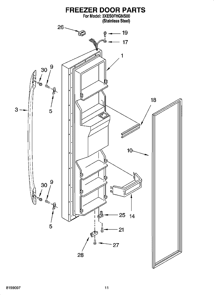 FREEZER DOOR PARTS Diagram and Parts List for 3XES0FHGNS00  Whirlpool Refrigerator
