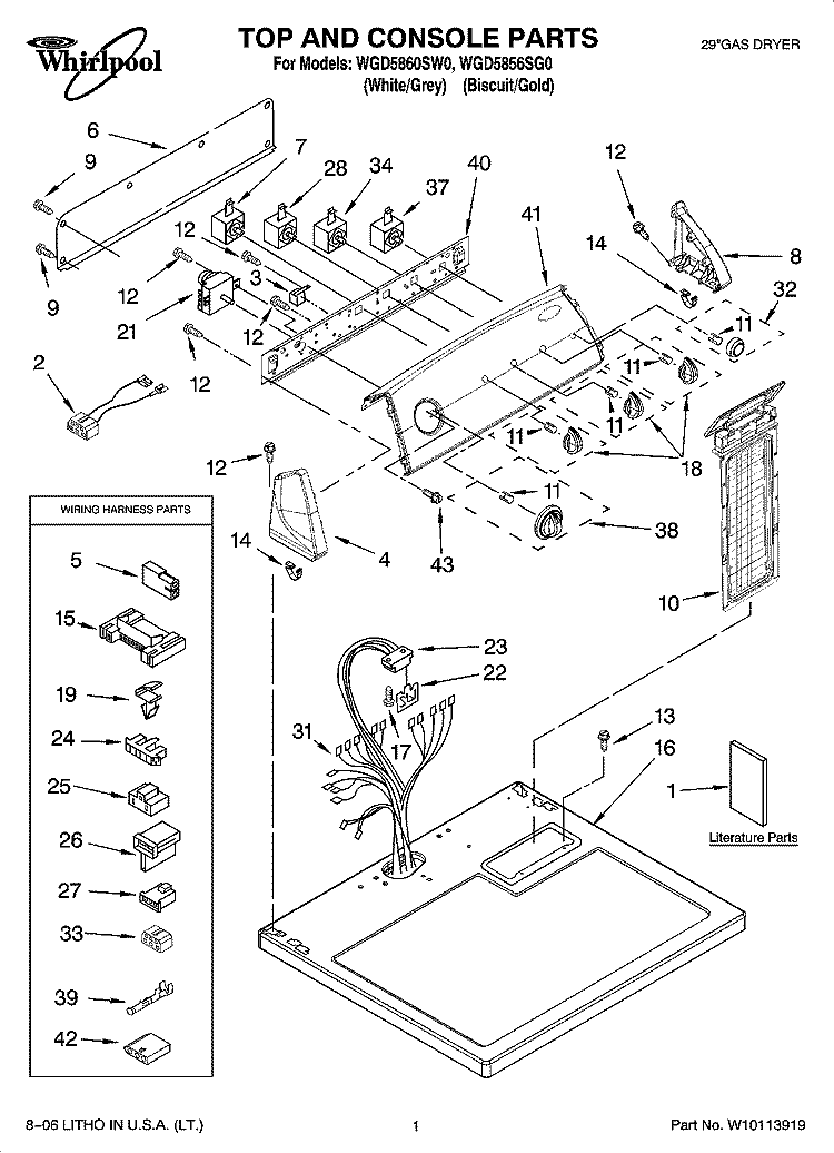 TOP AND CONSOLE PARTS Diagram and Parts List for WGD5860SW0  Whirlpool Dryer