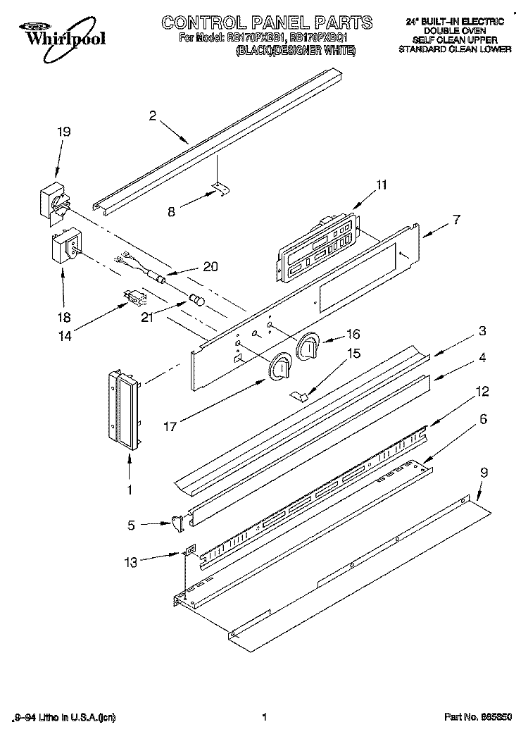 CONTROL PANEL, LITERATURE Diagram and Parts List for RB170PXBB1  Whirlpool Wall Oven