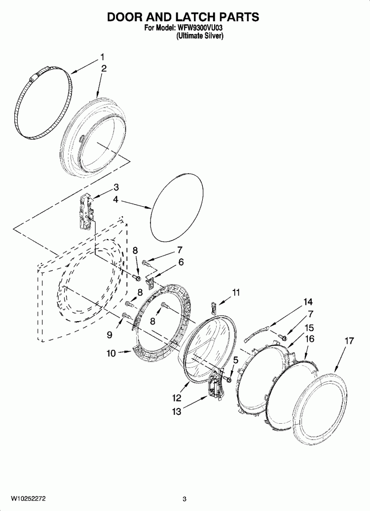 DOOR AND LATCH PARTS Diagram and Parts List for WFW9300VU03  Whirlpool Washer