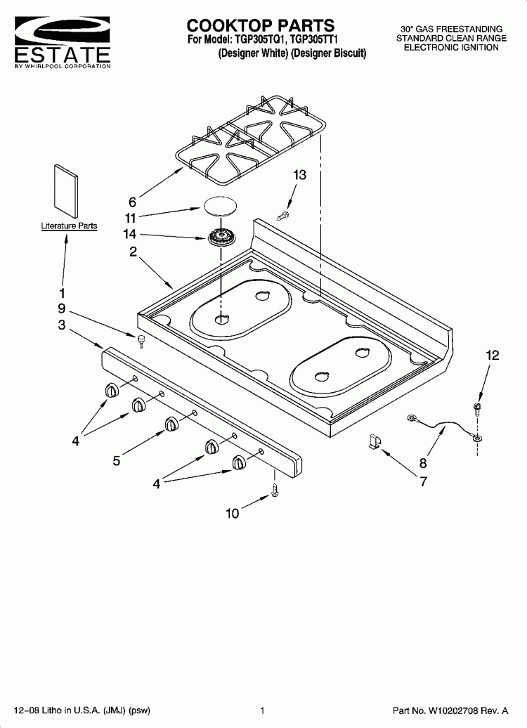 COOKTOP PARTS Diagram and Parts List for TGP305TT1  Estate Range