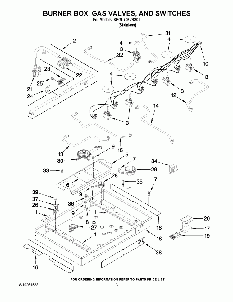 BURNER BOX, GAS VALVES, AND SWITCHES Diagram and Parts List for KFGU706VSS01  KitchenAid Cooktop