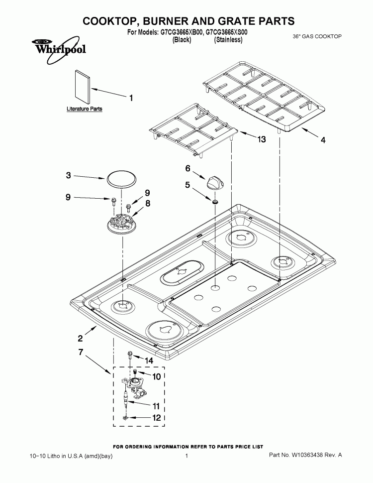 COOKTOP, BURNER AND GRATE PARTS Diagram and Parts List for G7CG3665XS00  Whirlpool Cooktop