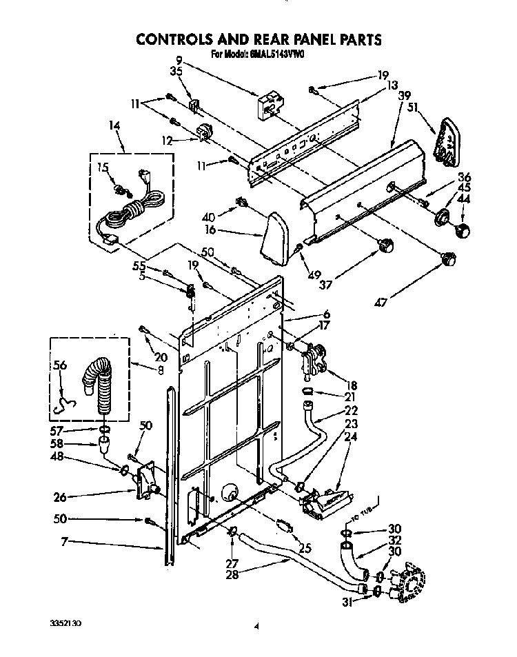Controls And Rear Panel Diagram and Parts List for 6MAL5143VW0  Whirlpool Washer