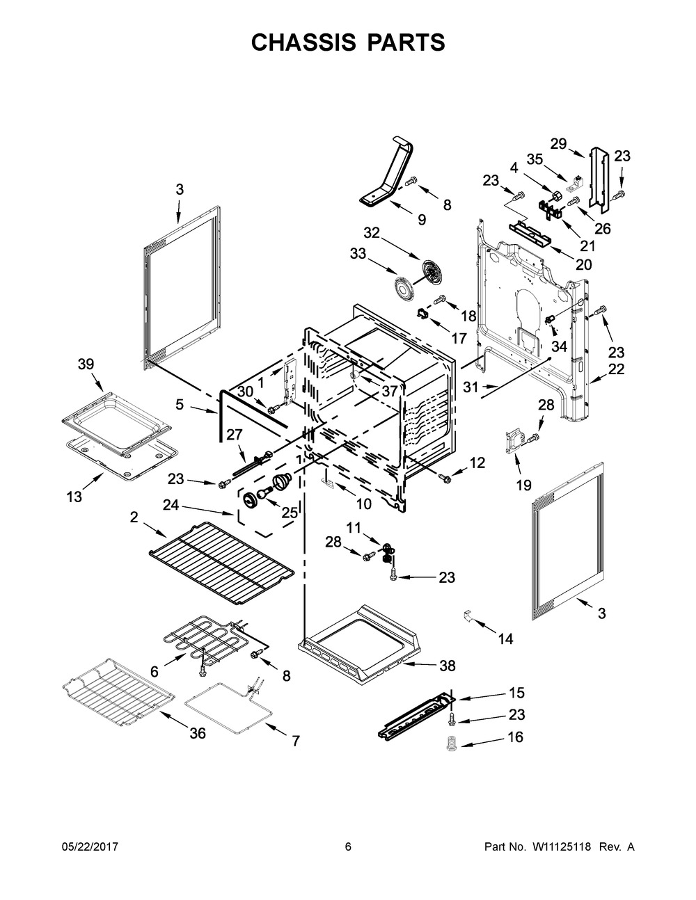 Chassis Parts Diagram and Parts List for WFE540H0EB1  Whirlpool Range