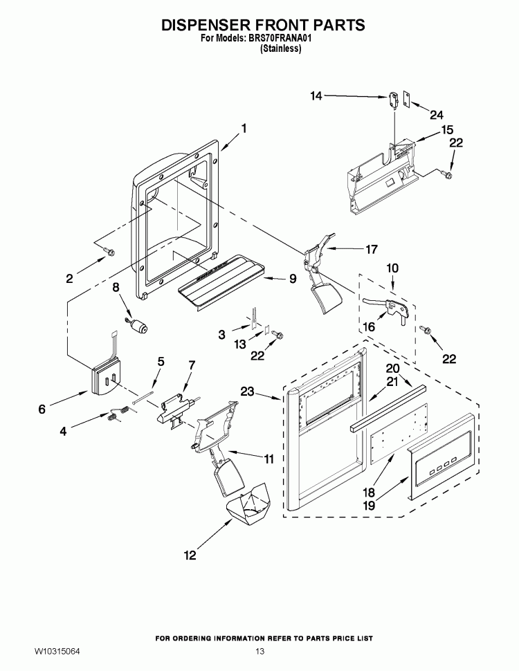 DISPENSER FRONT PARTS Diagram and Parts List for BRS70FRANA01  Whirlpool Refrigerator