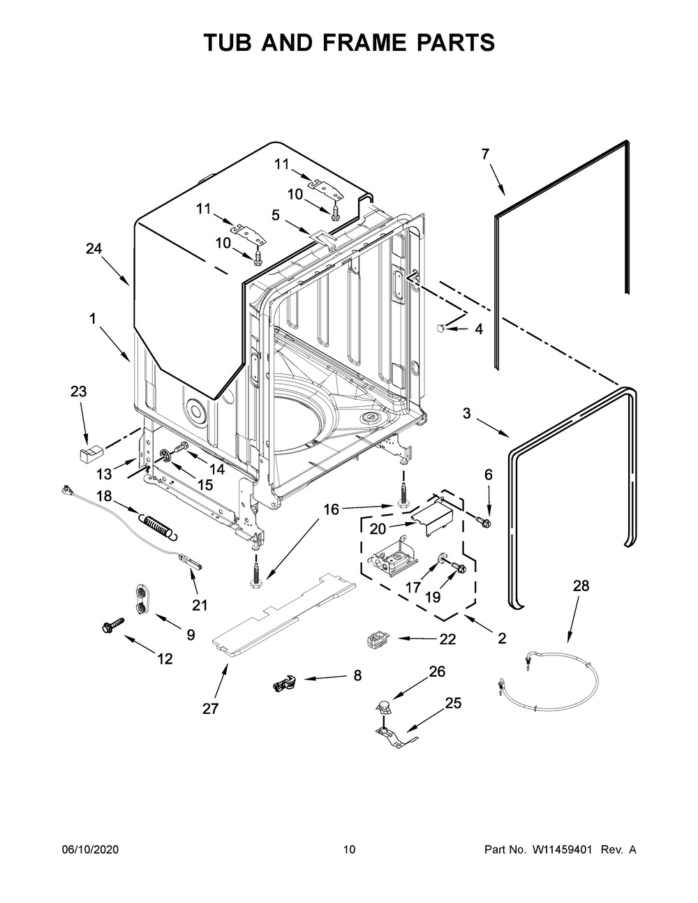 Tub And Frame Parts Diagram and Parts List for KDTE204GPS1  Whirlpool Dishwasher