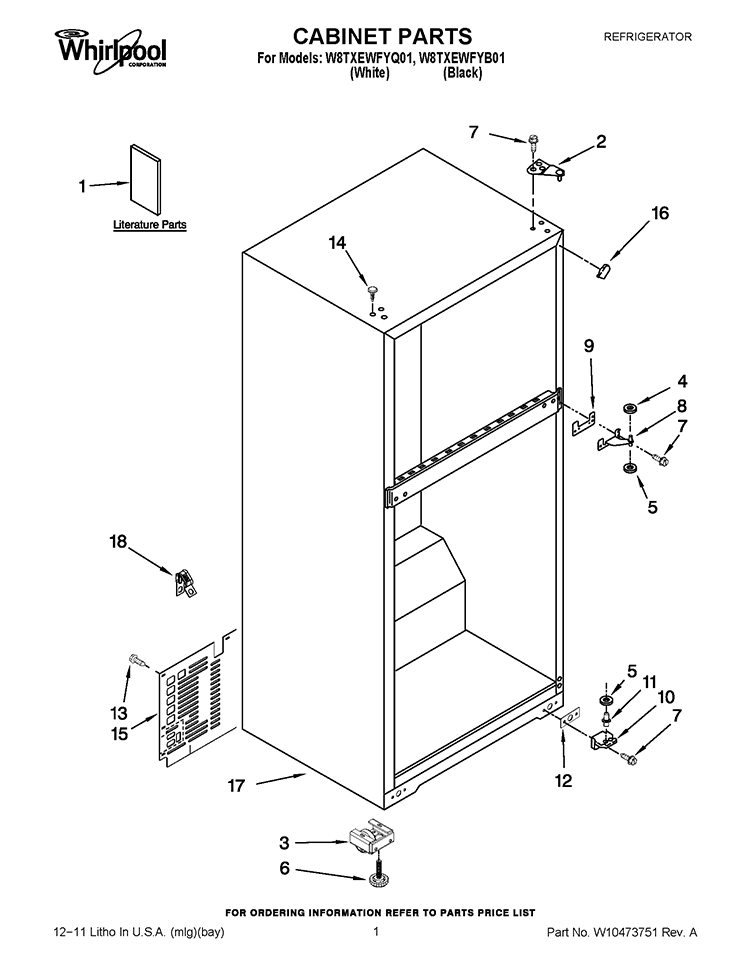 CABINET PARTS Diagram and Parts List for W8TXEWFYB01  Whirlpool Refrigerator